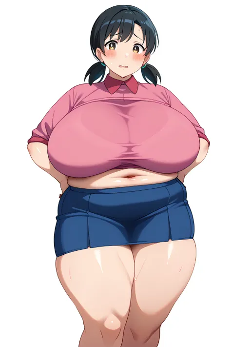 Shizuka Minamoto,  Black Hair,  low twintails,  medium hair,   dark eyes,  pink shirt,  BLUE SKIRT, ,gigantic breasts,enormous breasts,belly cleavage,Sloppy belly fat, I'm sweating a lot,Square, troubled expression, embarrassed expression,Vulgar expression...