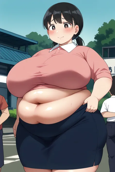 Shizuka Minamoto,  Black Hair,  low twintails,  medium hair,   dark eyes,  pink shirt,  BLUE SKIRT, ,gigantic breasts,enormous breasts,belly cleavage,Sloppy belly fat, I'm sweating a lot,Square, troubled expression, embarrassed expression,Vulgar expression...