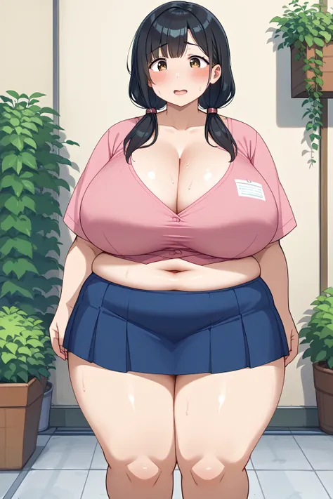 Shizuka Minamoto,  Black Hair,  low twintails,  medium hair,   dark eyes,  pink shirt,  BLUE SKIRT, ,gigantic breasts,enormous breasts,belly cleavage,Sloppy belly fat, I'm sweating a lot,garden, troubled expression, embarrassed expression,Vulgar expression...