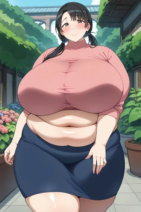 Shizuka Minamoto,  Black Hair,  low twintails,  medium hair,   dark eyes,  pink shirt,  BLUE SKIRT, ,gigantic breasts,enormous breasts,belly cleavage,Sloppy belly fat, I'm sweating a lot,garden, troubled expression, embarrassed expression,Vulgar expression...