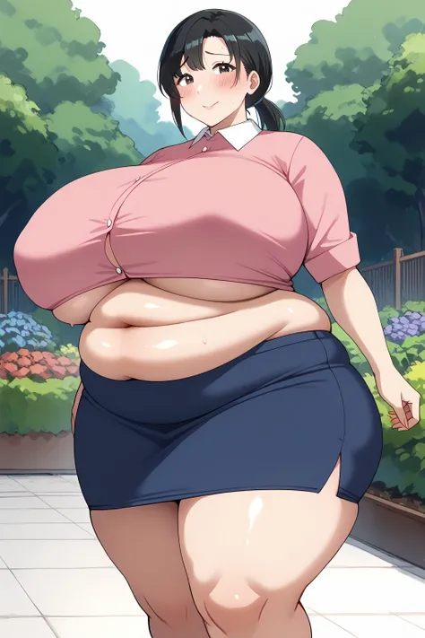 Shizuka Minamoto,  Black Hair,  low twintails,  medium hair,   dark eyes,  pink shirt,  BLUE SKIRT, ,gigantic breasts,enormous breasts,belly cleavage,Sloppy belly fat, I'm sweating a lot,garden, troubled expression, embarrassed expression,Vulgar expression...