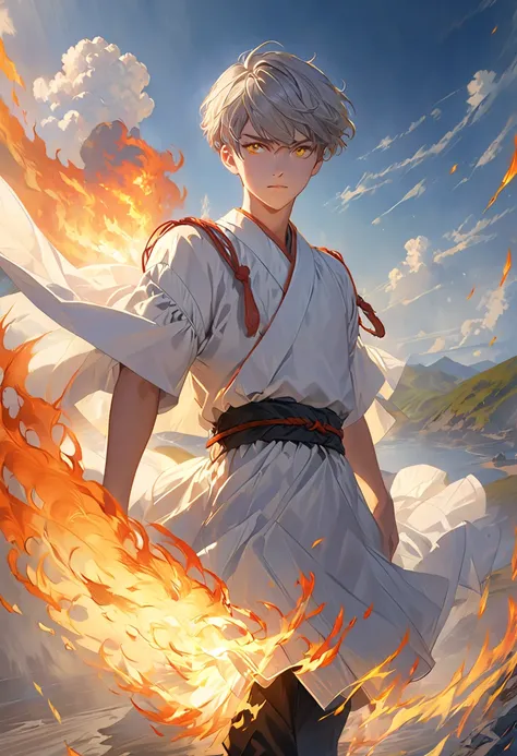  high detail, clarity, 8 kilometers, Young man, 18 years old,  light grey hair, Short Hair,  yellow eyes, Standing on Fire,  realism, Fantasy ,