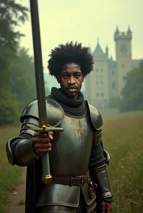 16mm film camera, vintage 80s style, slow camera zoom-in towards the character. The character is an Afro-American knight in full medieval armor. As the camera slowly approaches, he begins to draw his sword from its scabbard, the movement deliberate and str...