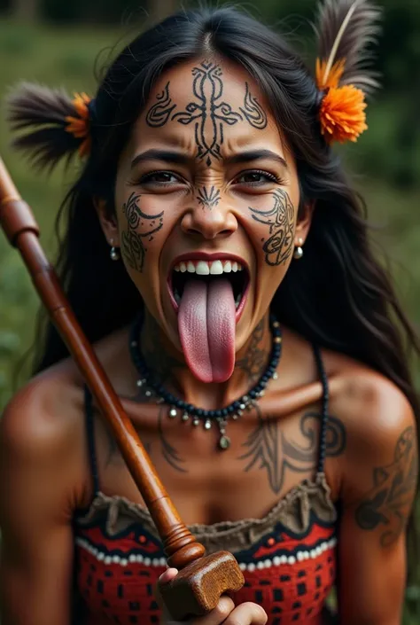  Close-up of a Maori girl aged 25 to 35 ,  demonstrating a bold ,  expressive pose .  Intricate Maori facial tattoos  (that moko )  cover his face ,  creating an intricate pattern of black lines and swirling patterns .  His facial expression tense ,  with ...