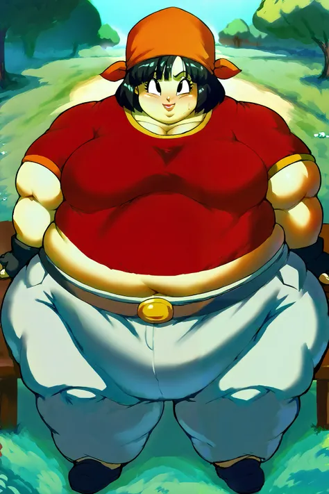 Girl becoming a monster, becoming a troll, fat, chubby, obese, score_9, score_8_up, score_7_up, source_anime,
dragonballpan, pan gt, short hair, black hair, gloves, short sleeves, black gloves, belt, pants, fingerless gloves, black eyes, red shirt, black b...