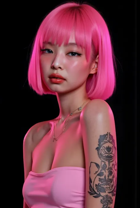 One girl、((tattoos)), Excellent anatomy, masterpiece, Highest quality,Realistic, hyperRealistic, 16k hdr,NSFW、short pink Hair、Straight Hair、bangs、freckles、high school girl、Slender、Slender body、asian high school girl, huge breasts, very thin tube top, clea...