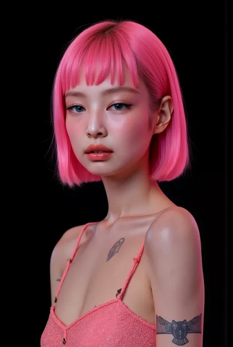 One girl、((tattoos)), Excellent anatomy, masterpiece, Highest quality,Realistic, hyperRealistic, 16k hdr,NSFW、short pink Hair、Straight Hair、bangs、freckles、high school girl、Slender、Slender body、asian high school girl, huge breasts, very thin tube top, clea...