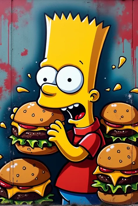 Create a cool graffiti of Bart Simpsons eating hamburgers 