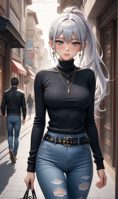 , Random pose, ((Ultra detailing)), (very aesthetic, best quality, ultra detailed), intricate details, 1girl, silver hair, silver eyes,((Detailed eyes)), ((Beautifull eyes)), ((prefect eyes)), long hair, ponytail, shy, Licking her lips, Blush ,(Wearing Tur...