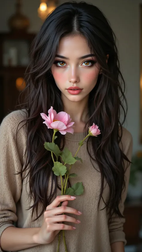 8k, Masterpiece, Top Quality, Hyperrealism, Post-Impressionism, Close-up, selfie, first-person, POV, long dark hair, smooth skin, light makeup, pale pink flower, beige sweater, pale pink nails, blurred background, soft lighting, natural, serene, soft focus...