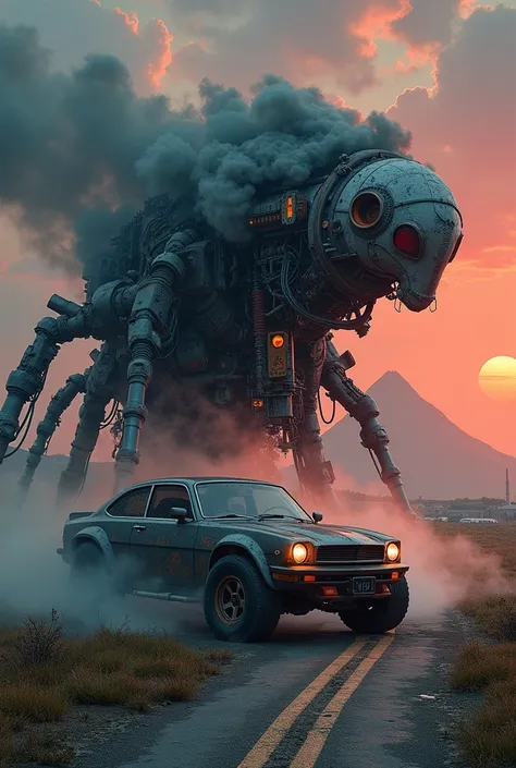 Complex steampunk vehicle from future in a vivid brilliant apocalyptic atmosphere