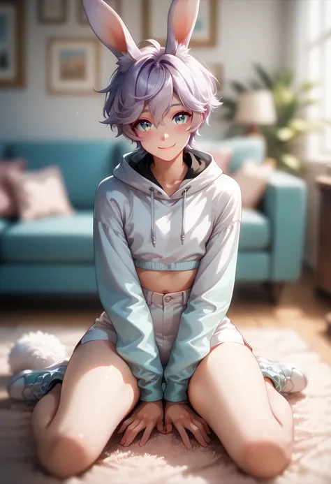 (Masterpiece), best quality, highest quality, highly detailed CG unity 8k wallpaper, original, high resolution, (depth of field: 1.5), fidelity: 1.3, solo focus,  full body view, male, flat chest, pastel colours, bunny boy with pastel purple hair, cute smi...