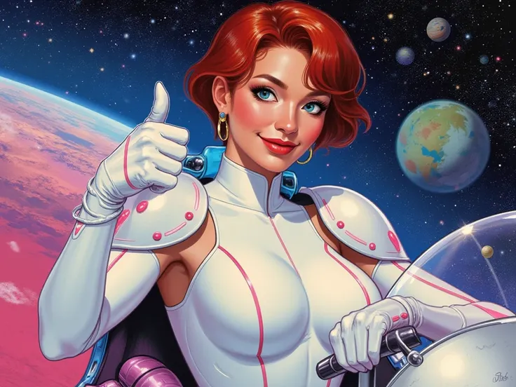 In a retro sci-fi style illustrate a asian female space adventurer wearing a white suit with pink lines, white gloves with flared cuffs, shoulder armor. She is an Asian female with short cut red hair,  blue eyes, and pale skin, albino skin, large voluptuou...