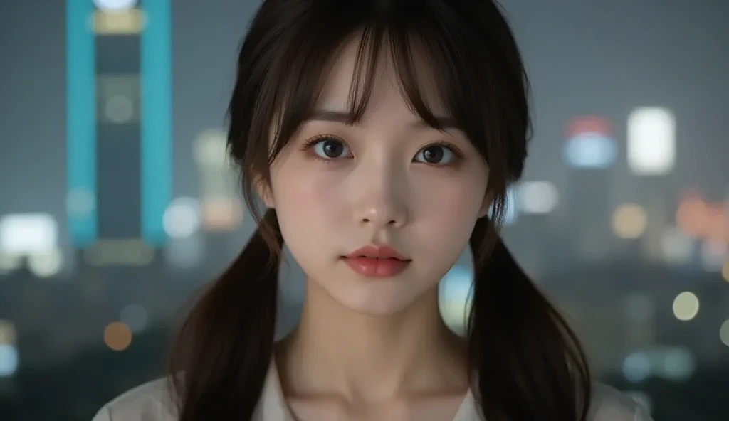 A 28 year old age girl, with a cute face and cheerful expression. She has big eyes with long eyelashes, slightly chubby cheeks, a small and dainty nose, and small heart-shaped lips. Her hair is long and smooth, with neat bangs covering part of her forehead...