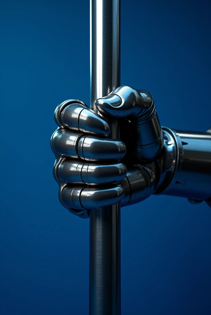 Steel hand holding steel rod in blue 