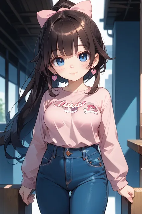 1girl, solo, long hair, breasts, looking at viewer, blush, smile, bangs, blue eyes, brown hair, shirt, black hair, long sleeves, bow, jewelry, medium breasts, closed mouth, standing, ponytail, hair bow, sidelocks, cowboy shot, earrings, pants, lips, denim,...