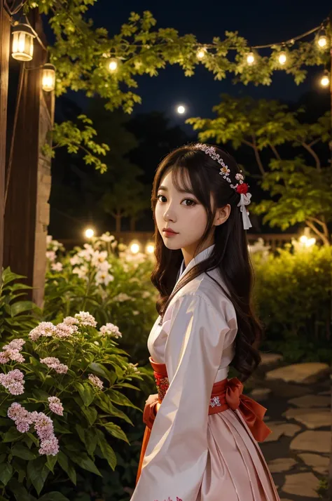 best quality, high_resolution, distinct_image, detailed background ,girl, hanbok,flower,garden,moon, night,dutch angle, wide shot, crown, 