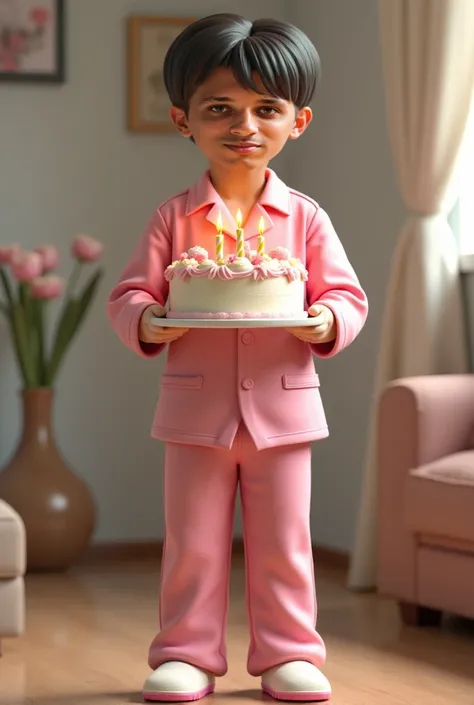 create realistic image,  full body costume,  pink pajamas , white slippers ,  holding a birthday cake 