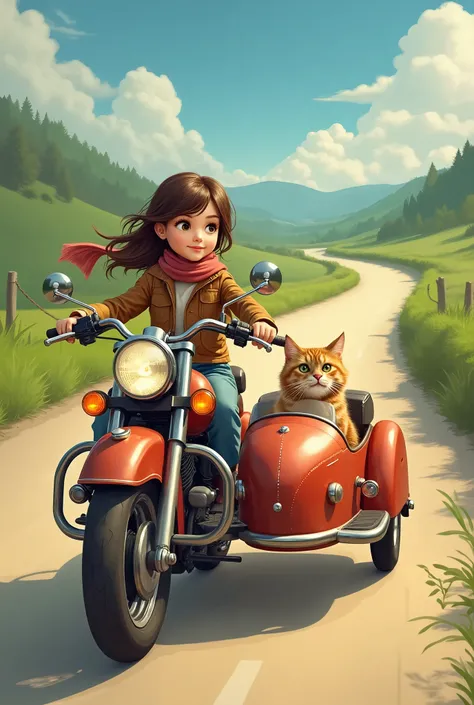 Girl traveling with a cat in a sidecar