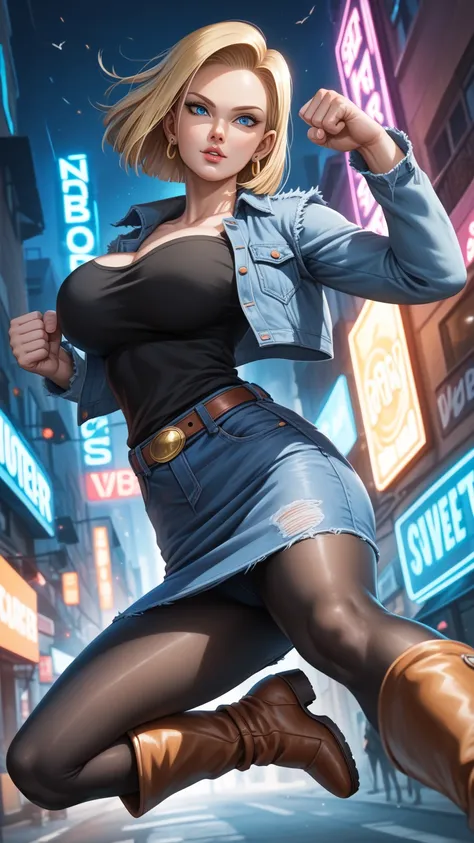 score_9,score_8_up,score_7_up,high res image,masterpiece,best quality,realistic,mature female,android 18,(fair_skin:1.3),shiny_skin,glamor,zzAndroid18,blue eyes,light_eyes,blonde hair,short hair,black top,jacket,denim,denim jacket,earrings,long sleeves,shi...