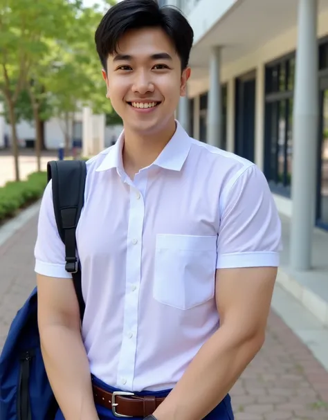 Realistic Portrait, Realistic, Natural Light , 17-year-old handsome Korean man  ,  wearing a short-sleeved white shirt with a right pocket ,Banned from folding sleeves , Neat Buttoned , Cobaltblue ,  dark brown belt , Thailand male high school student dres...