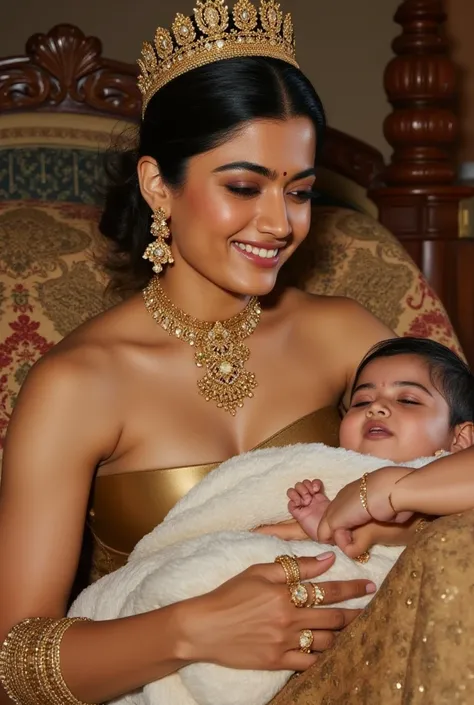 full body portrait of indian naked queen lying in her bed with big boobs wearing gold jewels and feeding her boobs for baby