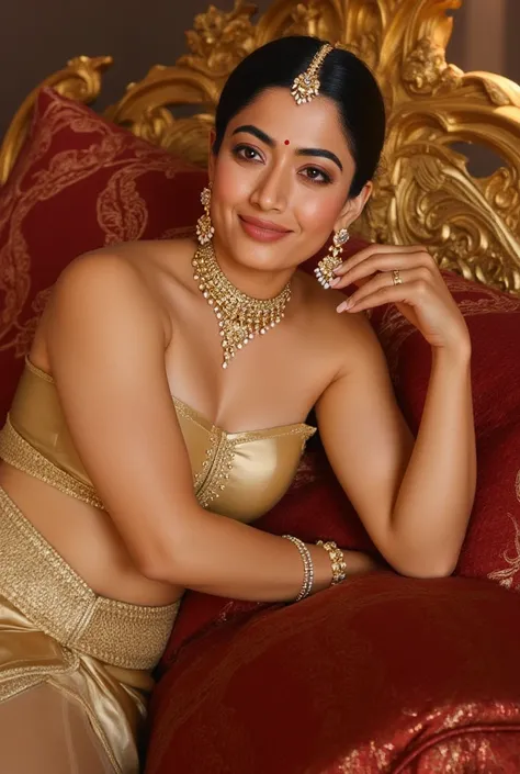 full body portrait of indian nude queen lying in her bed with big boobs wearing gold jewels