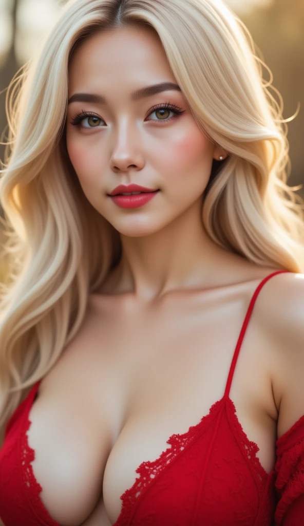 32 mil ,  masterpiece ,  superior quality design, Ethereal portrait,  wavy platinum blonde hair, delicate Asian features,  glowing skin ,  soft natural makeup ,  red lips ,  dressed in red lace ,  Shea sleeve ,  dreamy lighting , Bokeh background,  romanti...