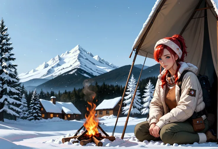 "A tranquil winter camping scene atop a snowy mountain, evoking a serene and adventurous mood. A young woman with blonde-red hair tied in a sleek ponytail is sitting near a modern campfire with a warm, flickering glow, surrounded by advanced yet nature-ins...