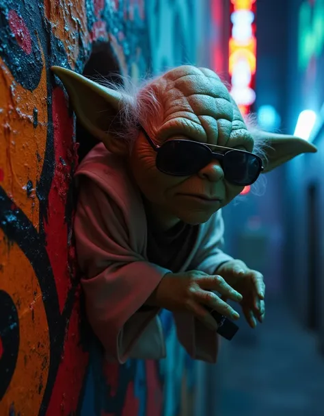 a yoda character wearing sunglasses, graffiti art style, aidmafluxpro1.1, detailed face, highly detailed, 8k, hyperrealistic, photorealistic, sharp focus, vibrant colors, street art, urban environment, dynamic composition, gritty textures, neon lighting, m...