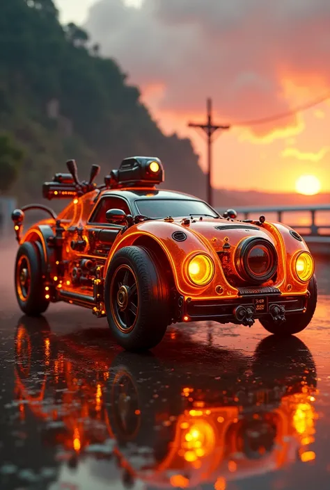 Intricate steampunk design retrofuturistic vehicle with neon orange with camera like front in a epic well lit orange atmosphere , hyperealistic, hyperdynamic,  4k 