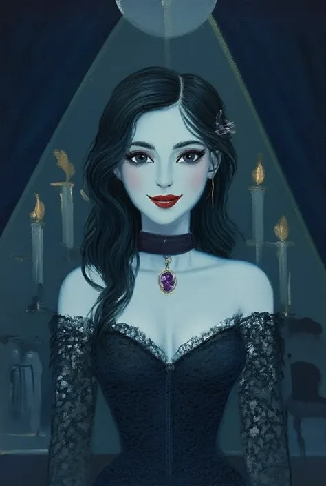 **"A portrait of a captivating young woman from the Victorian Gothic era, her pale complexion glowing softly against the dark, moody backdrop. Her deep, enigmatic eyes, framed by subtly smudged eyeliner, hold a gaze that is both alluring and predatory. Her...