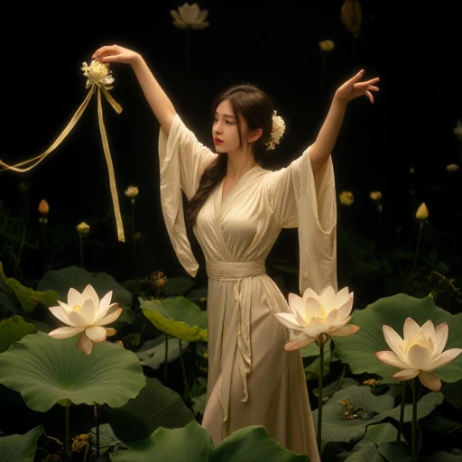 

"Digital painting of a graceful Asian figure dancing with lotus flowers, traditional Chinese/Japanese art style. Woman in flowing silk robes with ethereal ribbons floating in dark background. White lotus flowers and large green lotus leaves surrounding t...