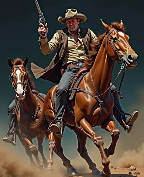 A cowboy (Clint East Wood) with gun in hand, ((angry 1.4)), raiding a running horse, Screaming, action, dark side, Mystery , Dark Background, pastels, by harry bush, James Montgomery Flagg and Lois van Baarle and jim french and rossdraws, detailed realisti...