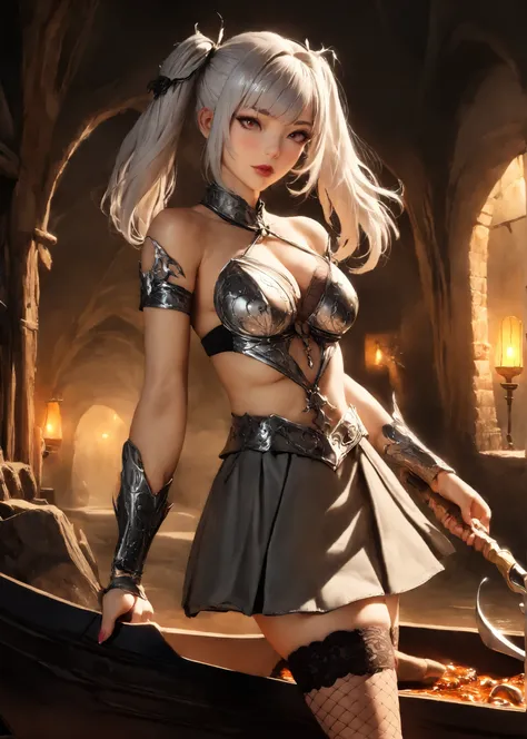 masterpiece, best quality, 1( female vampire), Warcraft Character, Beautiful medieval warrior girl,tanding on a wooden boat, with medium size breasts, silver white body armor, gray mini skirt, fishnet stockings, pigtails, brawn, gold and white colored, s, ...