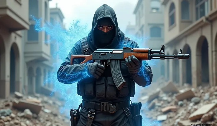 a terrorist from Counter Strike 2 with powerful blue powers with an AK 47 in his hand in the middle of a destroyed city