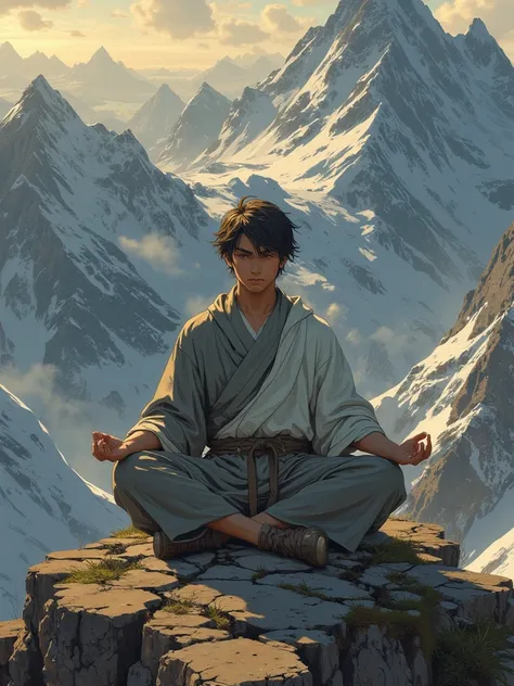 A young man with short dark hair, sitting in a cross-legged meditation pose on top of a mountain peak, wearing grey and white robes,