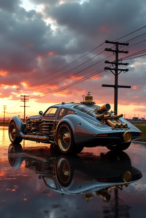 Complex futuristic vintage car with intricate steampunk design on a wet road and vaste sky, side rear view, hyperealistic 8k