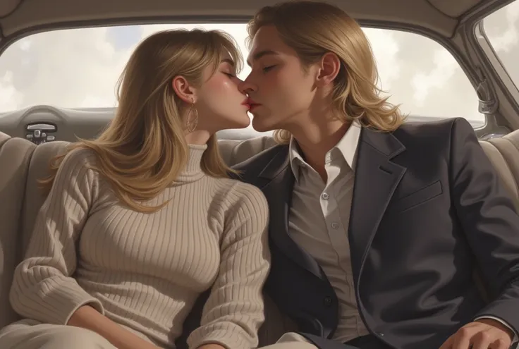  girl, eighteen years old ,  driver with blond long hair and brown eyes , in a turtleneck , kisses in the car with a blonde Russian guy with a long hair and a suit about twenty-five years old