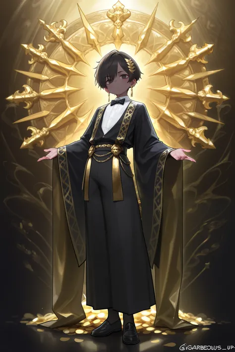 A little noble boy, so many kinds of gold hair accessories, gorgeous shirt with bow tie and a short, full body pose, dark short hair, long shape earrings