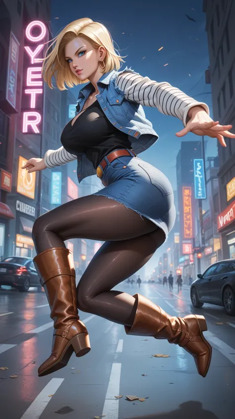 score_9,score_8_up,score_7_up,high res image,masterpiece,best quality,realistic,mature female,android 18,(fair_skin:1.3),shiny_skin,glamor,zzAndroid18,blue eyes,light_eyes,blonde hair,short hair,black top,jacket,denim,denim jacket,earrings,long sleeves,shi...