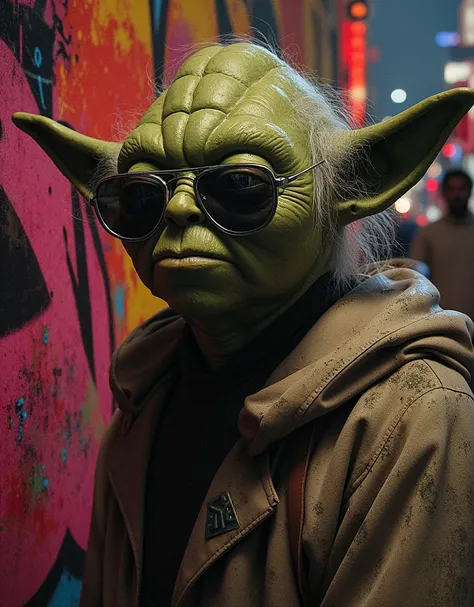 Graffiti portrait of yoda with sunglasses, graffiti art style, detailed face, highly detailed, 8k, hyperrealistic, vibrant colors, street art, urban environment, dynamic composition, gritty textures, neon lighting, Hip Hop Style, city atmosphere