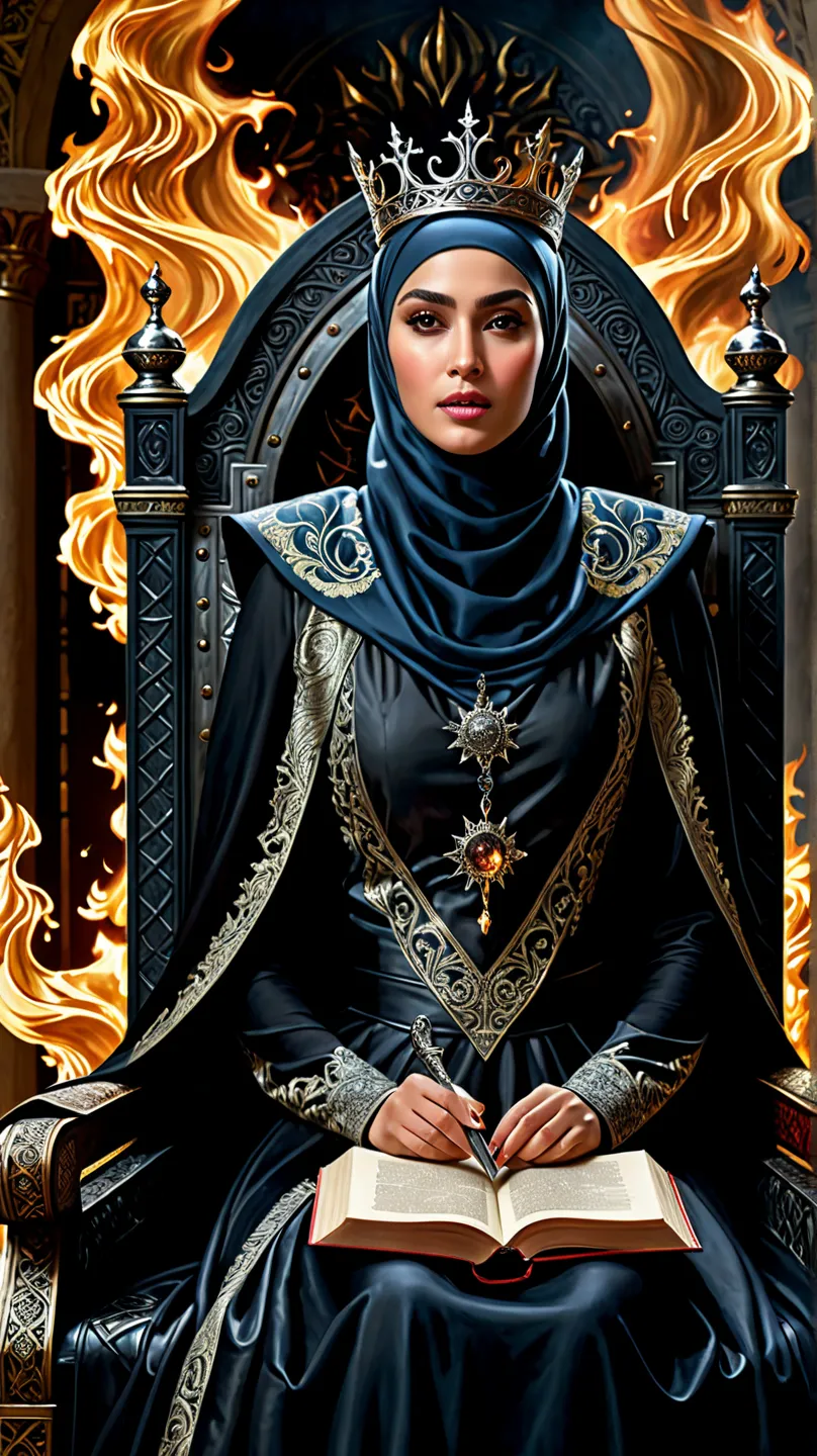 
(best quality, 128k, highres, masterpiece:1.2), ultra-detailed, (realistic, photorealistic, photo-realistic:1.37), ((masterpiece)) ((photography)) ((highest quality)), a dark fantasy scene featuring a woman wearing a hijab and a crown, dressed in a vintag...