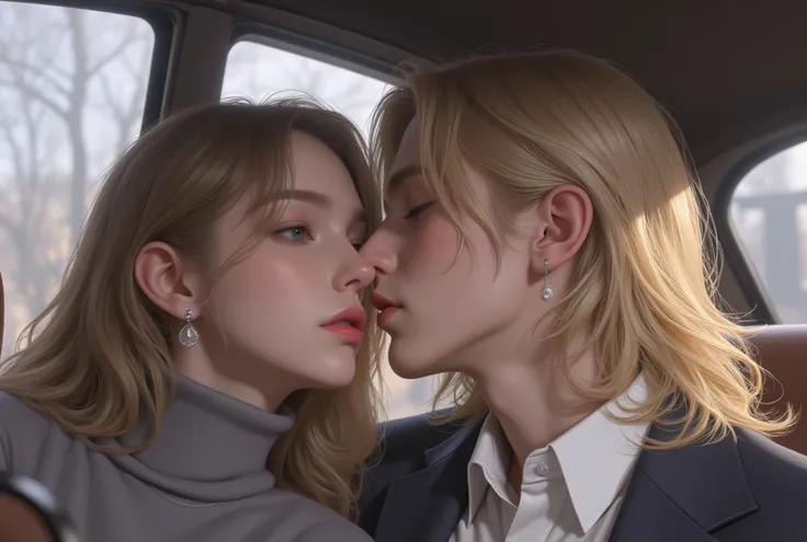  girl, eighteen years old ,  driver with blond long hair and brown eyes , in a turtleneck , kisses in the car with a blonde Russian guy with a long hair and a suit about twenty-five years old