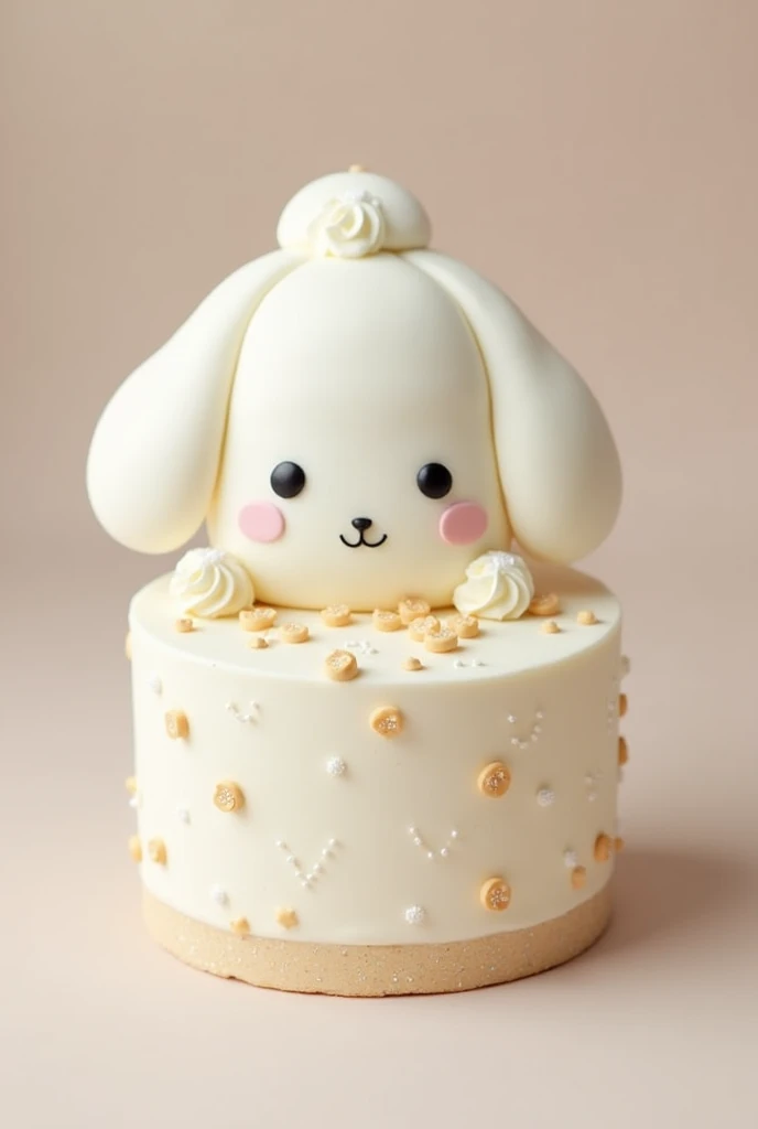 A cake inspired by Sanrio's Cinnamonroll dog, a simple, medium cake with glitter 