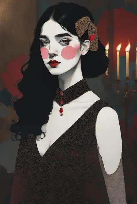 **"A portrait of a captivating young woman from the Victorian Gothic era, her pale complexion glowing softly against the dark, moody backdrop. Her deep, enigmatic eyes, framed by subtly smudged eyeliner, hold a gaze that is both alluring and predatory. Her...