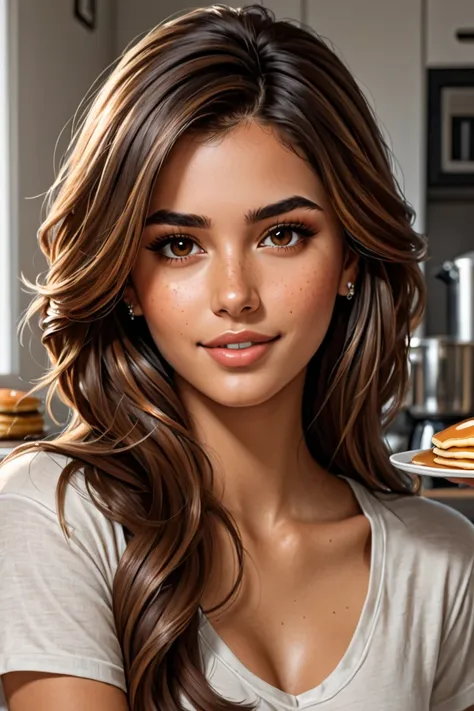 Beautiful young girl Brown eyes and hair. She mąkę a pancake. Realistic