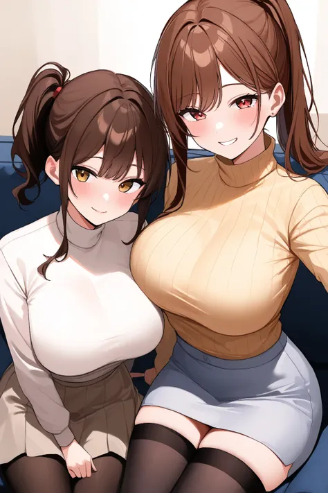 １ women　Age 35　living room sofa　 ponytail　 brown hair 　Inviting eyes　smile　Big Breasts　Beige turtleneck　 gray miniskirt with slightly longer hair　 black stockings