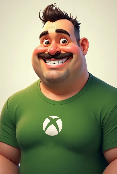  a chubby guy who is not very fat and with a mustache and hair shaved on the sides and a small tuft on the front, Small with his hair and with the Xbox shirt in the color green smiling  