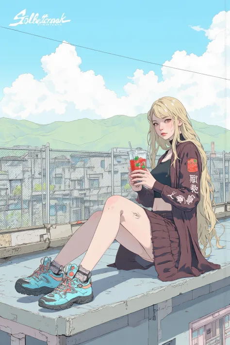  There is a high school girl on the roof of the school ,Rooftop with a fence ,Flaxen long hair, short pleated skirt , The color of the fukabuka cardigan is random,A tumbler with a strawberry in the right hand, illustration of a train, Surrealism ,  style o...